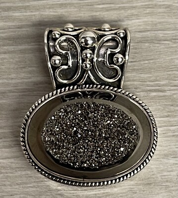 GS Artisan India Sterling Silver .925 Black & Silver Tone Druzy Pendant 1.25''