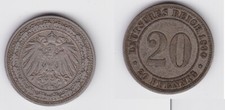 20 Pfennig Nickel M&uuml;nze Deutsches Reich 1890 E J&auml;ger 14 f.vz (150398)