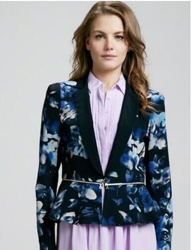Women's Rebecca Taylor Blue Black Floral Silk Blazer Jacket Size 6