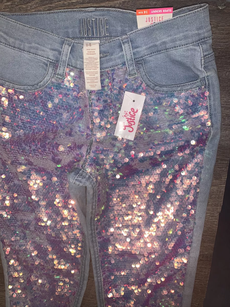 Justice sz 14 slim Pink Iridescent Sequin super skinny jeans