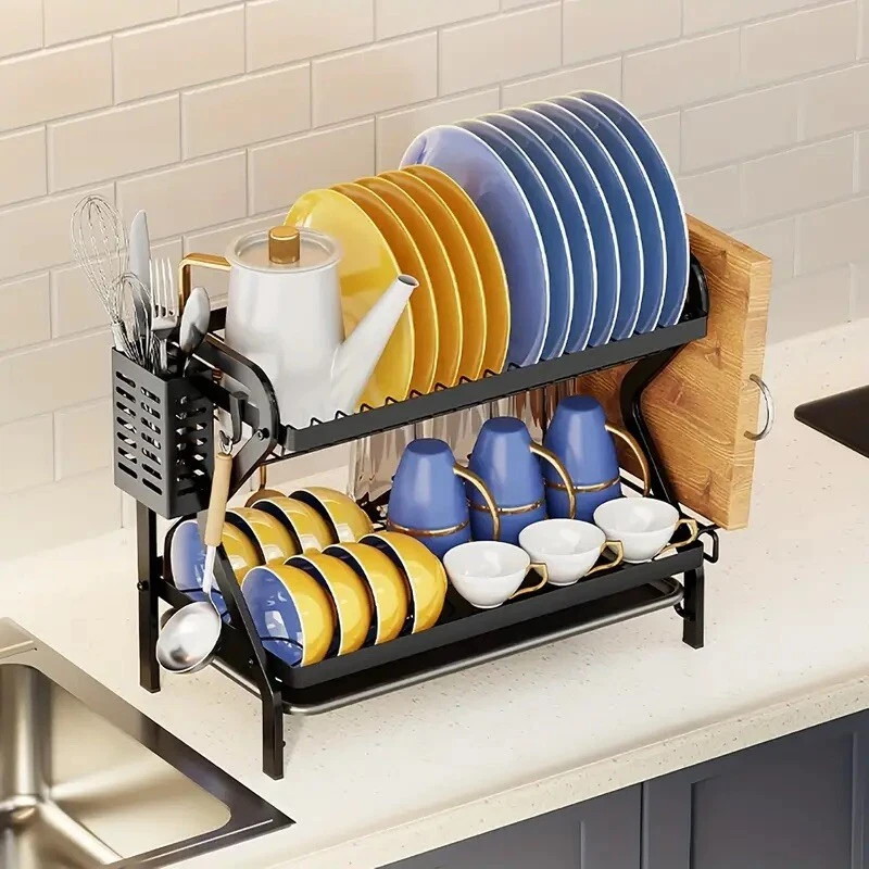 Dish Drying Rack, 2-Tier Dish Racks for Kitchen Counter, Dish Rack W/ Drainboard