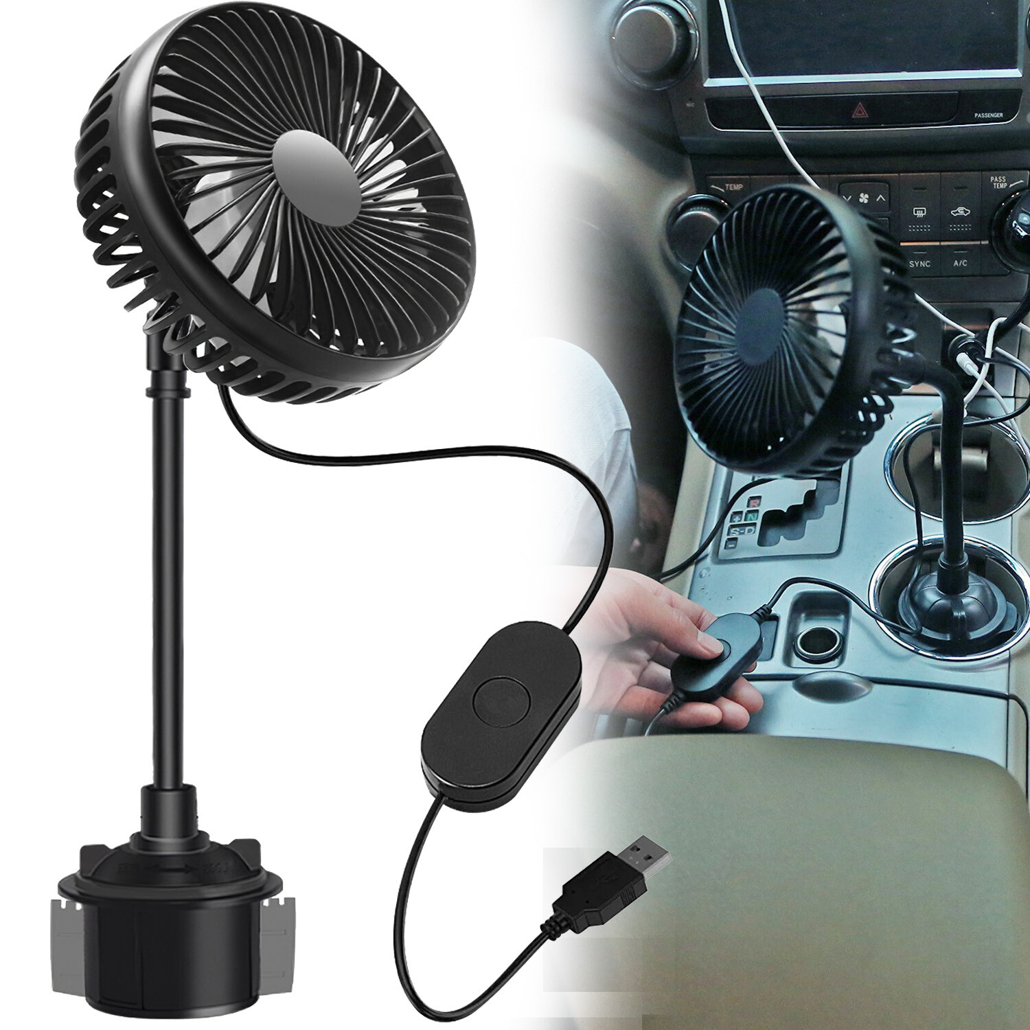 USB Car Cooling Fan Portable Car Cup Holder Fan Adjustable Gooseneck Fan 3 Speed eBay