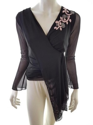 MONSOON Damen Wickelbluse Gr. 36 Schwarz Langer Ärmel Stickerei V-Ausschnitt