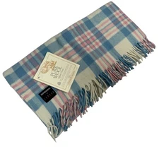 NWT VTG The Woolen Mill Pure Wool Afghan Throw Blanket Blue Pink Plaid 50x60 USA