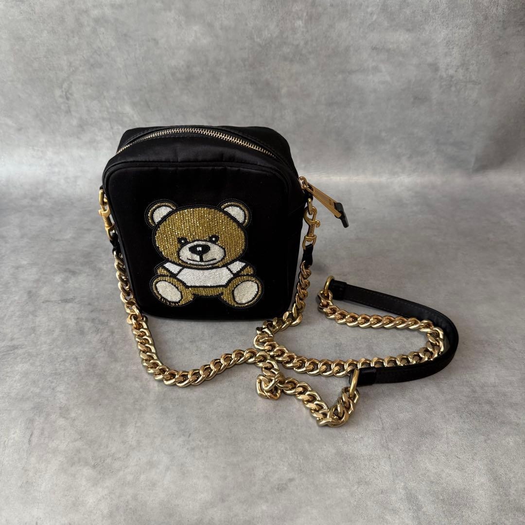 MOSCHINO Teddy Bear Beaded Satin 3Way Shoulder Bag Black Gold Rare Authentic image 4