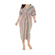 EVRI Striped Gathered-Front Midi Dress 1X V neck career travel party
