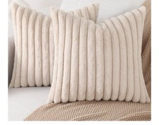Faux Fur Plush Throw Pillow Covers 18x18 Set of 2, Luxury Soft Fluffy Striped