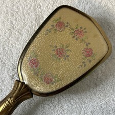 Vintage 50s Handheld Victorian Style Gold Tone Pink Roses Vanity Hair Brush