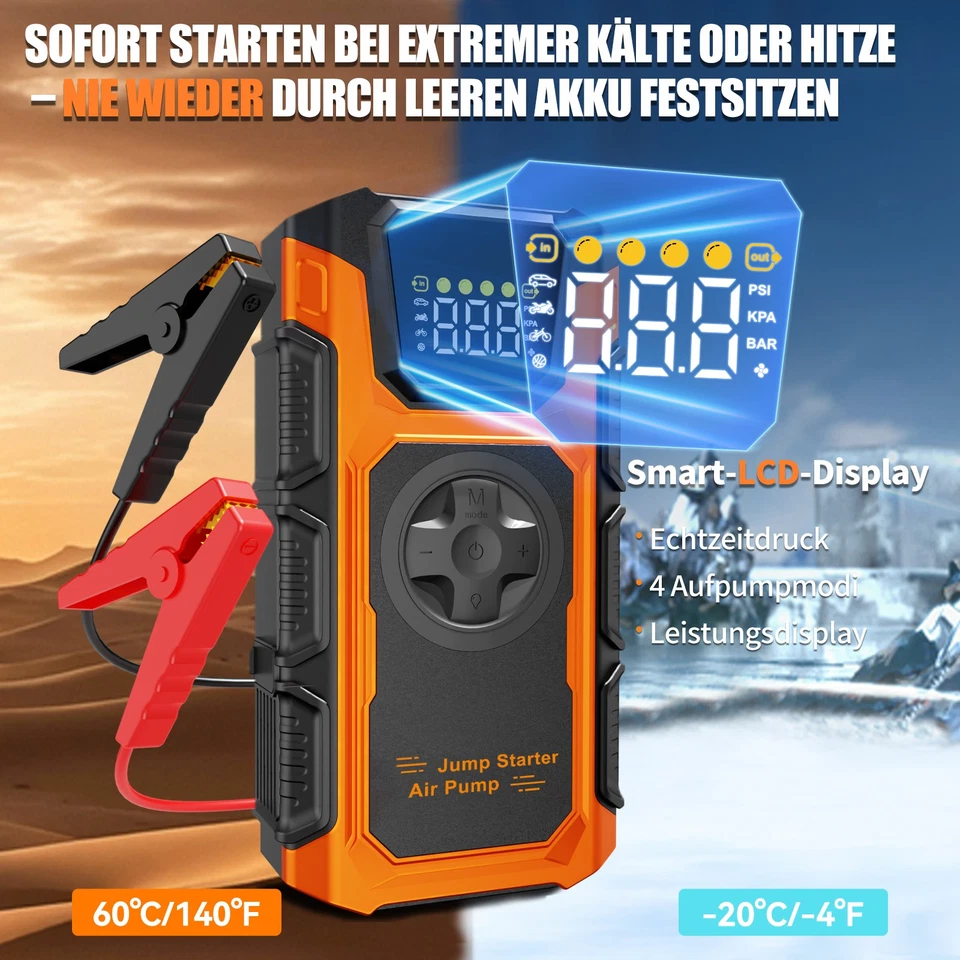 Caricabatteria avviamento auto 8000A Jump Starter Powerbank auto con compressore d'aria DE - Immagine 4 di 4