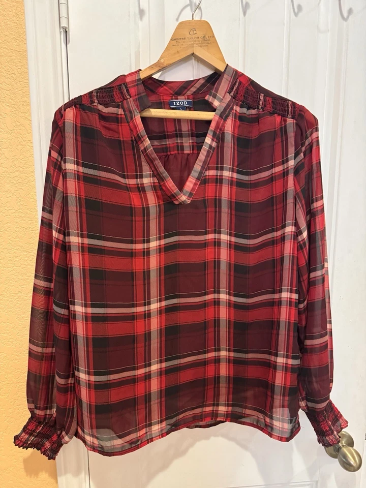 IZOD Womens Red Top Long Sleeve Plaid Hem Size L Holiday - Image 3 of 4