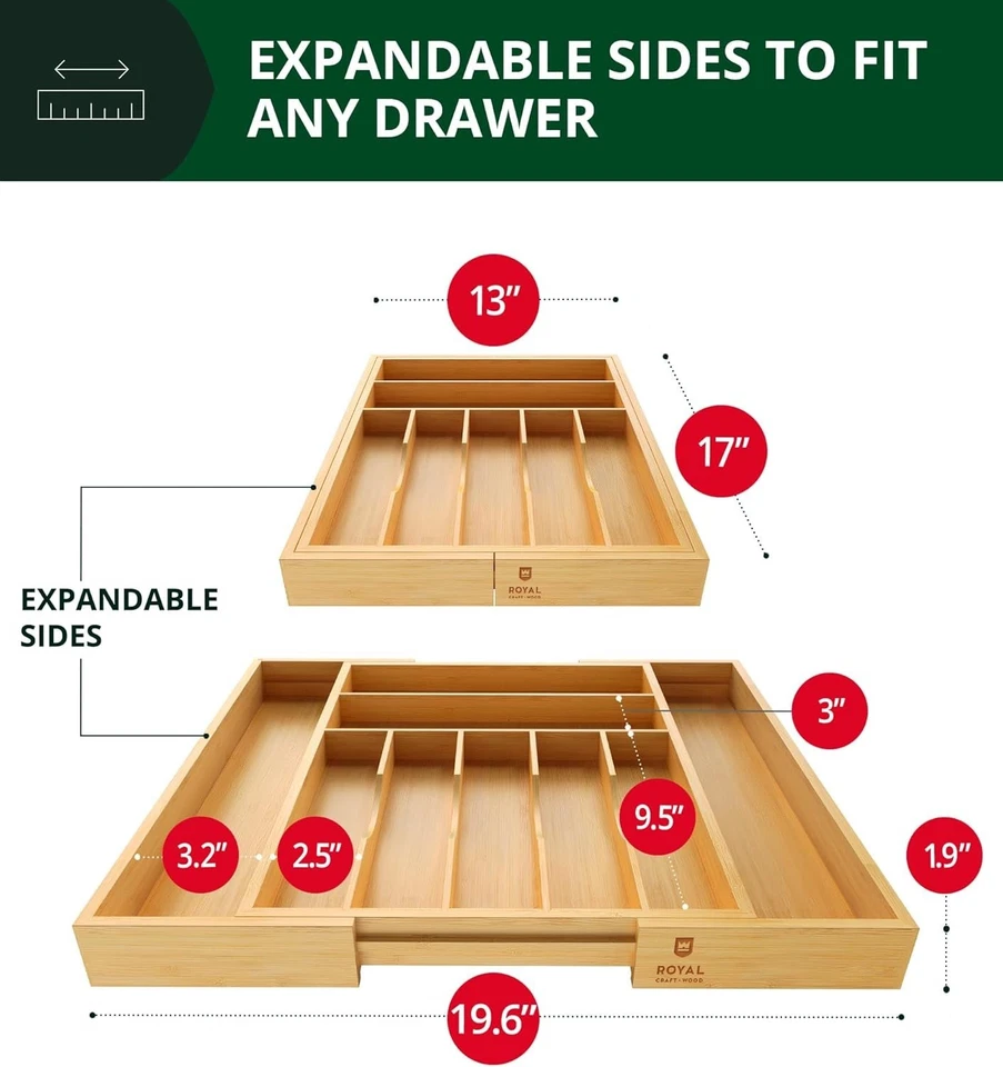 Organizador de cajones de bambú de 7-9 compartimentos - Acabado natural para cocina y oficina Foto 4 de 4
