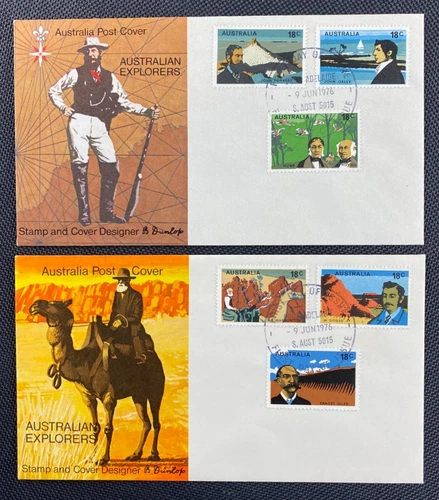 2 x 1976 Australian Explorers FDC First Day Covers Adelaide FDI Postmarks