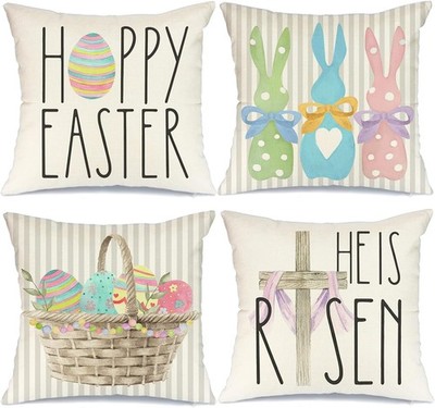 Happy Easter Throw Pillow Covers 16x16 Set of 4 Bunny He is Risen Cross E