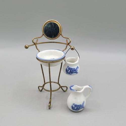 Dollhouse Miniature Washstand Set Basin Mirror 2 Pitchers Home Sweet Home