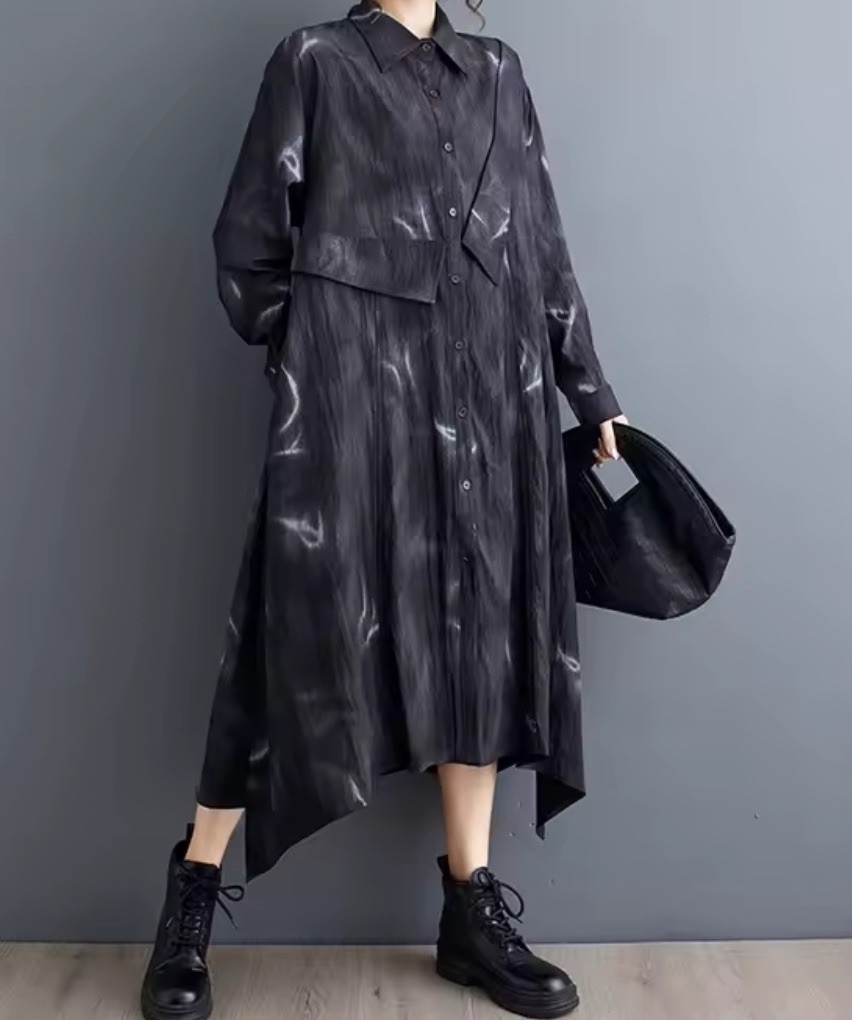 Vestido Camisa Negro Abstracto Damas Arty Boho Relajado Otoño Urbano Chic 12 14