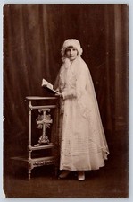 Antique French girl First Holy Communion prayer book veil RPPC