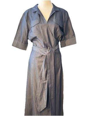 eShakti Indigo Cotton Wrap Dress |  Tie Front | Women s NWT Size L/14
