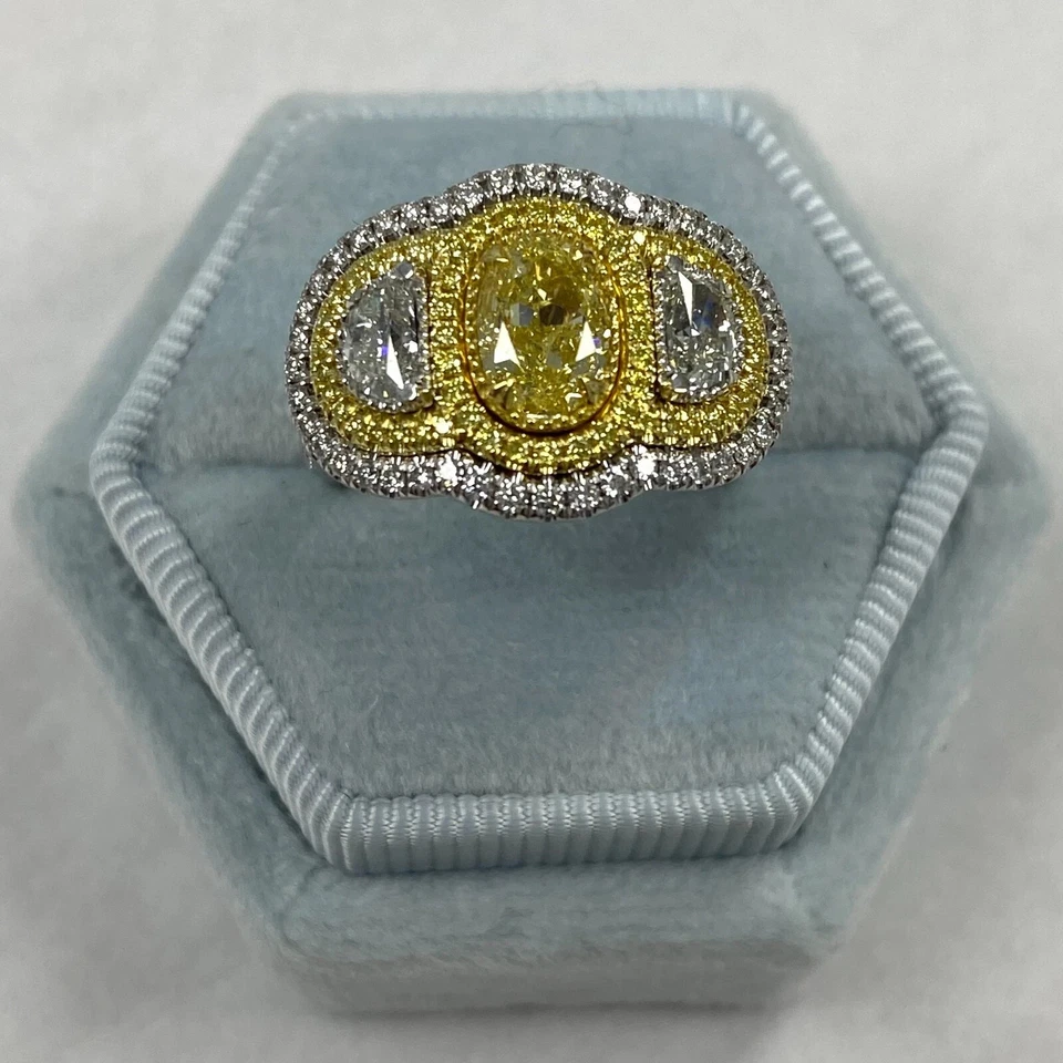 Oval Lab Grown Fancy Vivid Yellow Diamond Engagement Ring 14k Multi Tone Gold - Image 3 of 4