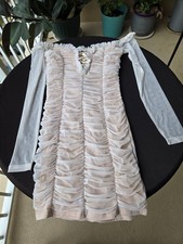 Fashion Nova Ruched Mesh Long Sleeve Mini Dress Size S Beige