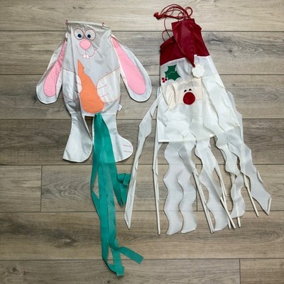 Vintage 1988 Hallmark Windsock Set Easter Bunny & Santa Claus Nylon Holiday