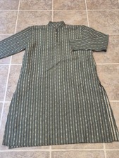 Green Kurta Men's Tunic Long Sleeve Stripe Pattern Size 38, Punjabi