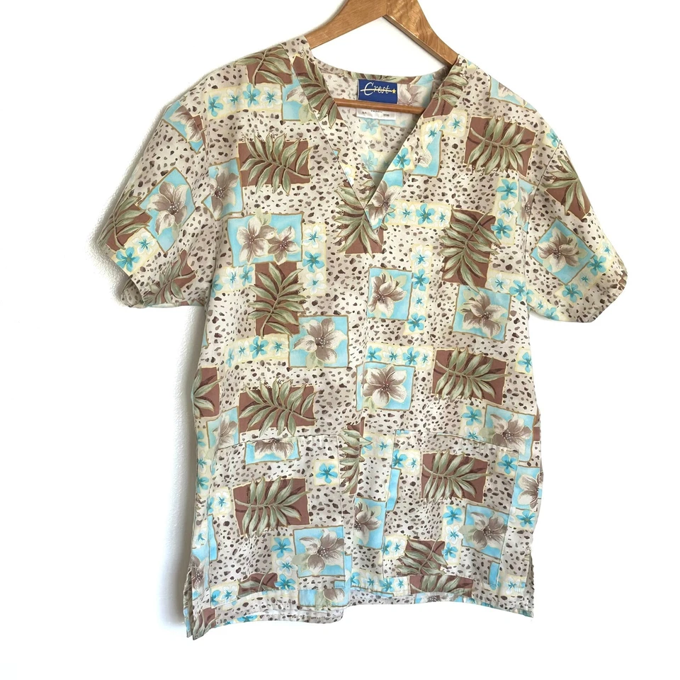 Crest Scrub Top Women's Small Tropical Floral Short Sleeve Pockets V Neck Shirt - Image 2 of 4