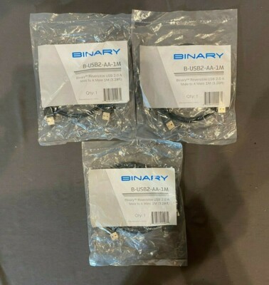 (3) Binary B-USB2-AA-1M Reversible USB 2.0 A 1-Meter Male Cables NEW