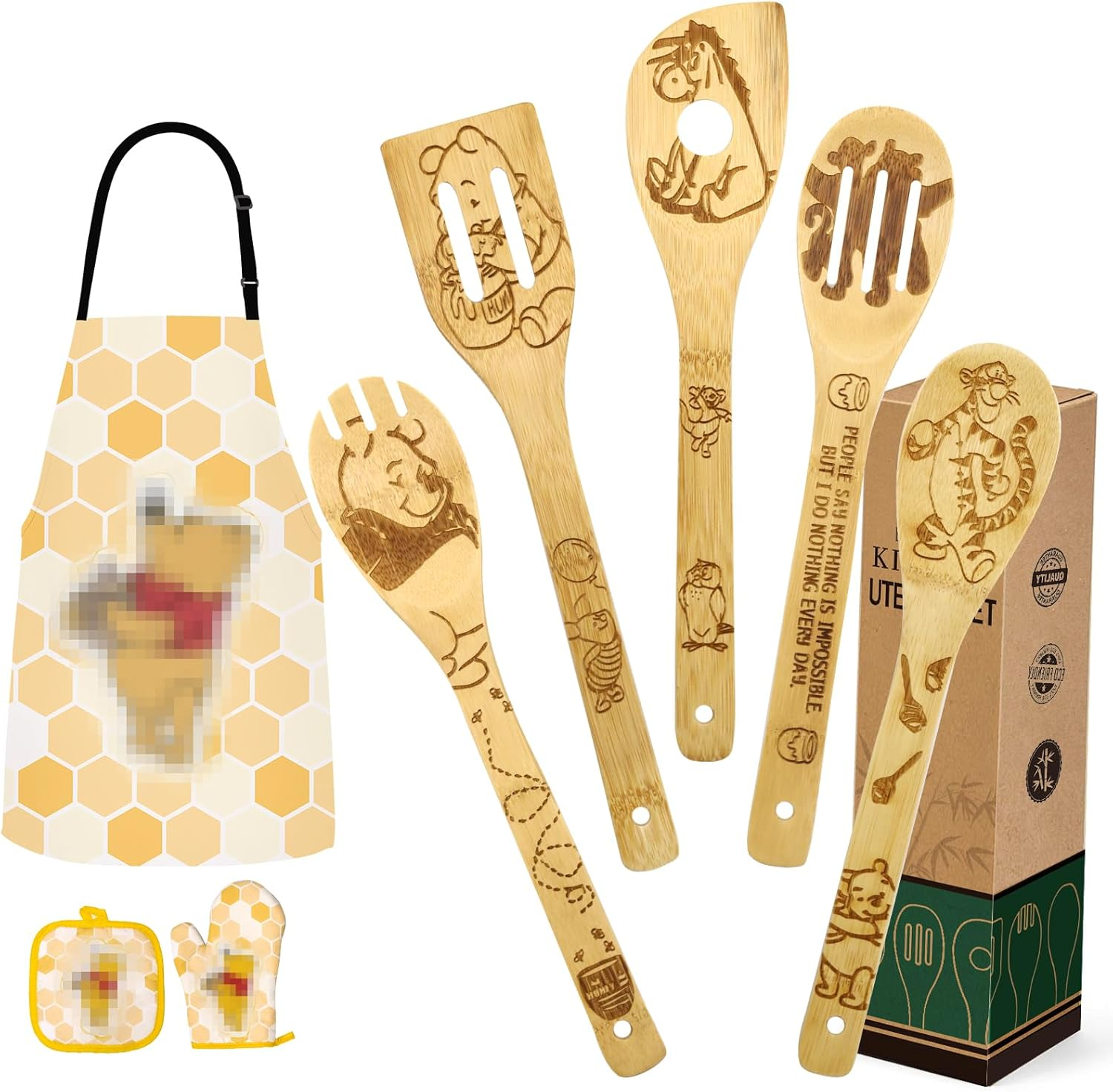 Christmas Gifts for Mom Women Cute Bear Wooden Cooking Spoons Set Bamboo Kitchen