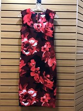*CALVIN KLEIN RED FLOWERED ZIPPER BACK TO WAIST SLEEVELESS A-LINE MIDI BRAND NEW
