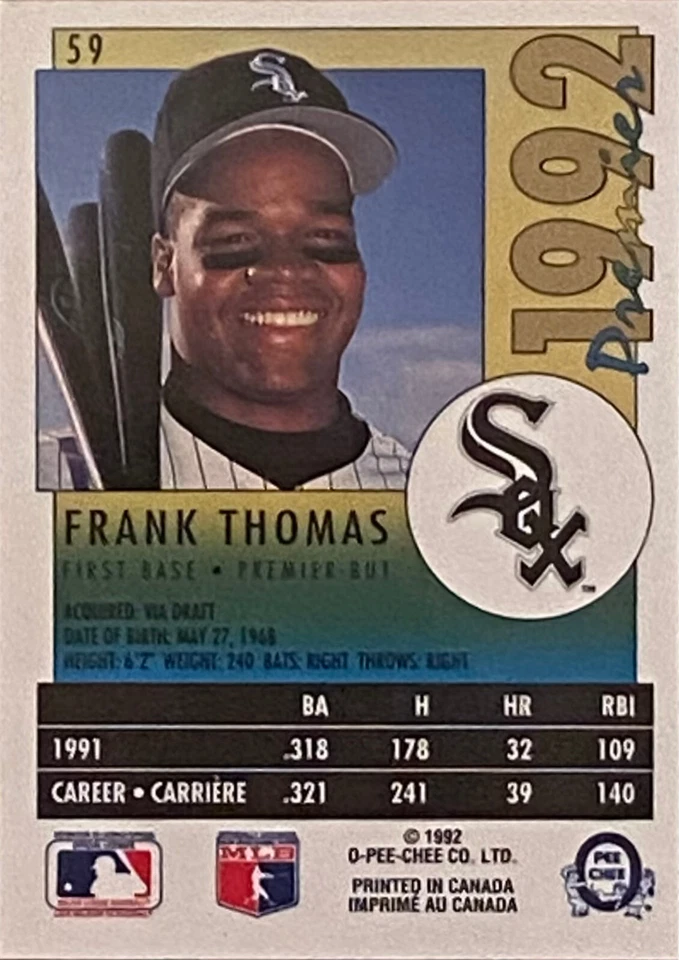 Frank Thomas 1992 O-Pee-Chee #59 Baseball Card NM - Image 2 of 2