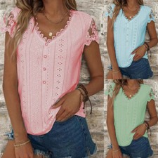 Womens V Neck Pullover Loose T Shirt Short Sleeve Summer Ladies Base Tops Blouse