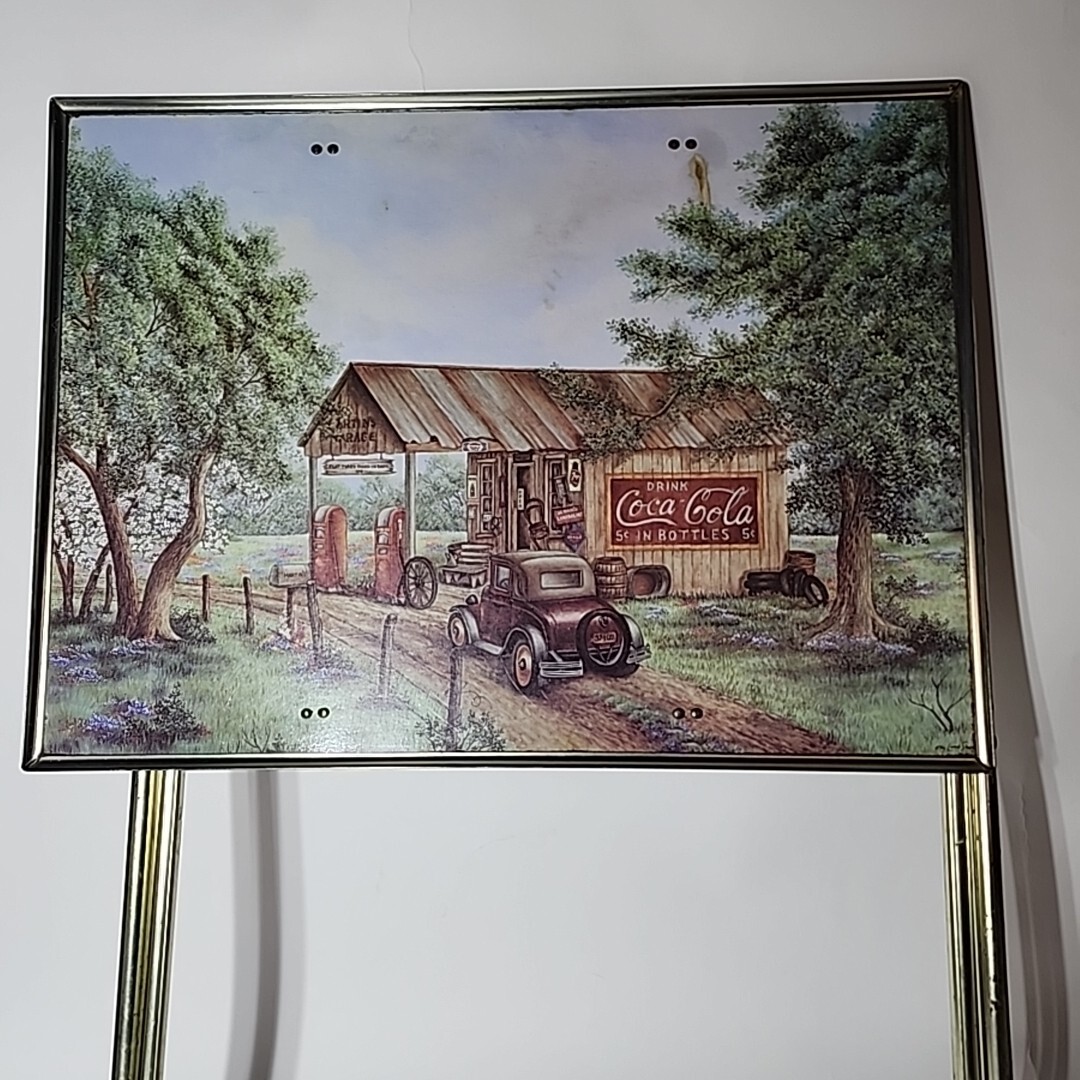 Set of 4 Vintage MCM 60s Coca Cola TV Trays & Stand Mike’s Garage Gold