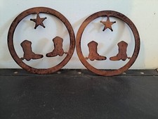 Lot Of 2 Metal Lone Star  Cowboy Boots Plaque, Sign, Home Rustic Decor