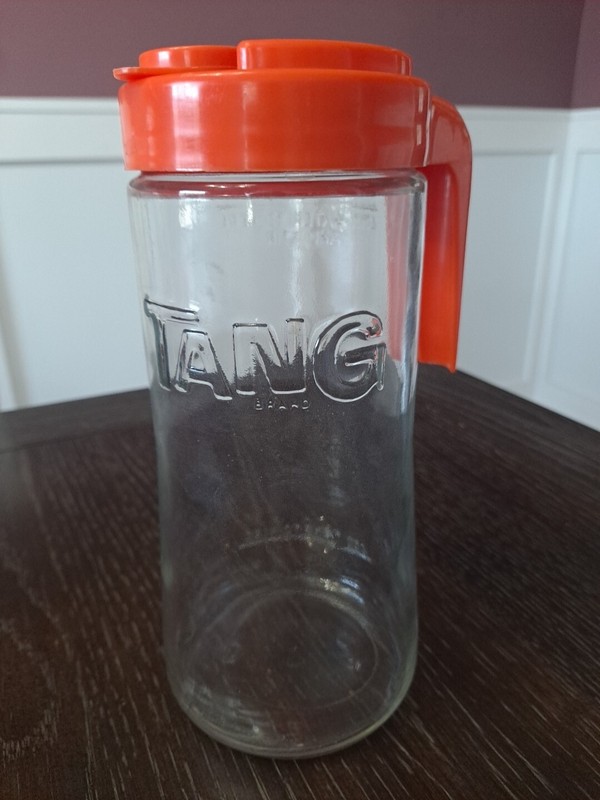 Tang Promotional Pitcher Clear w  Orange Flip Lid Vintage Anchor Hocking Glass
