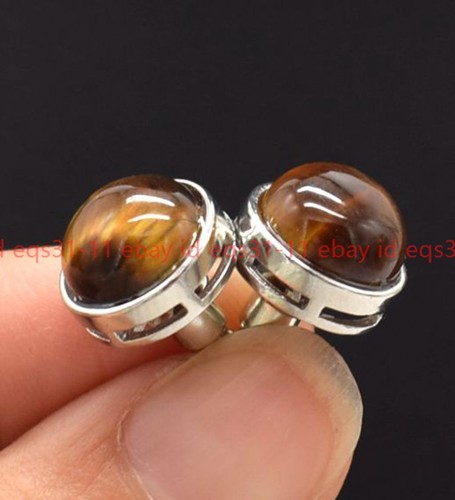 Genuine 12mm Yellow Tiger's Eye Round Gemstone Round Beads Stud Earrings - Picture 8 of 12