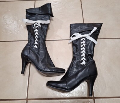 Women's Costume: PIRATE BOOTS, Size M Black Vinyl-White Ribbons