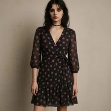 ALLSAINTS Black Floral Wrap Dress Small Romantic Grunge Cottagecore Mini Dress