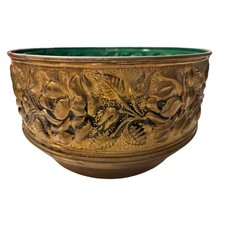 Vintage Brass Floral Planter Bowl Made in England Gold Green Good Embossed Ornat