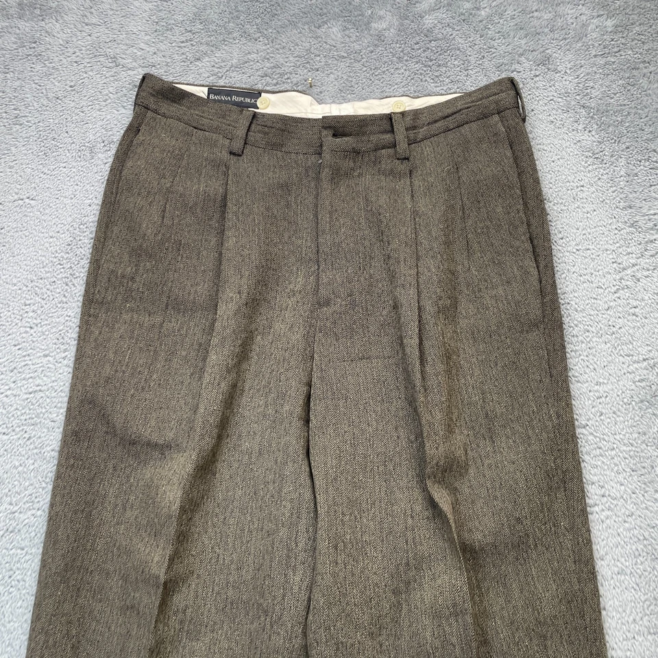 Винтажные мужские брюки Banana Republic 33R коричневое платье шерсть елочка с манжетами подол - Изображение 4 из 4