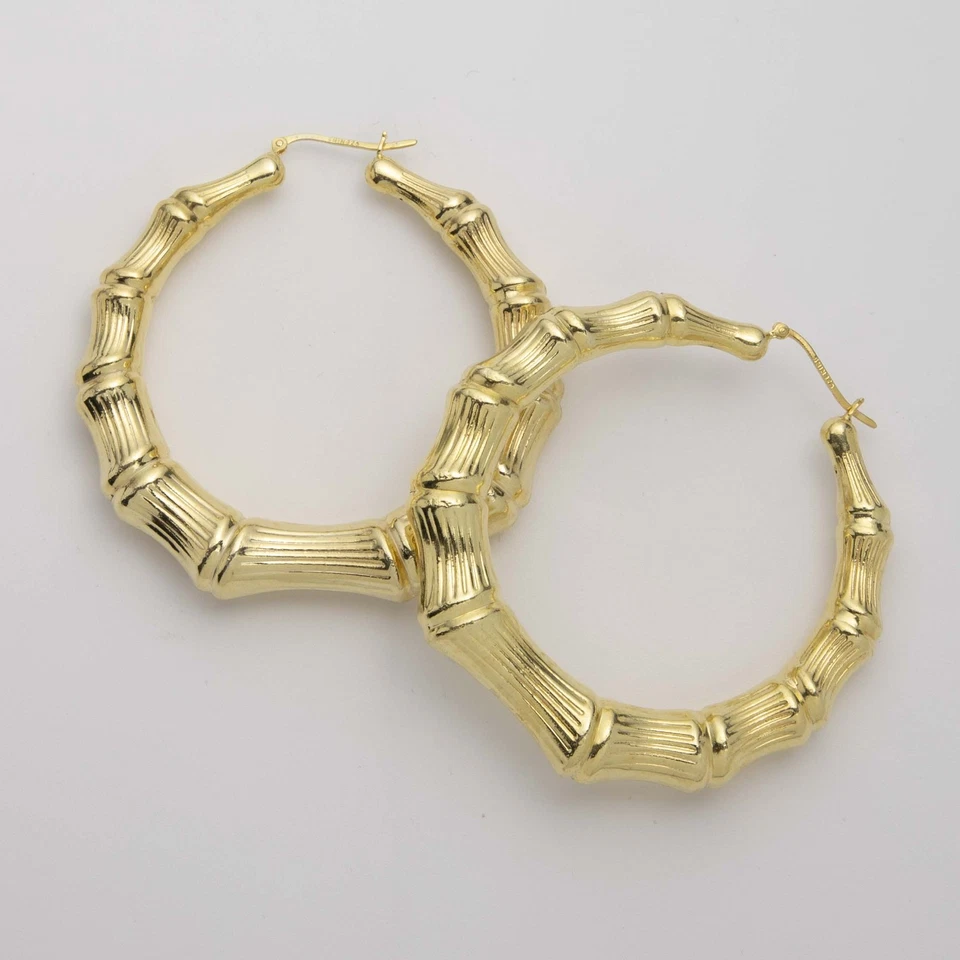 Pendientes de aro de bambú graduados talla diamante chapados en oro amarillo de 14K plata 925 Foto 3 de 4