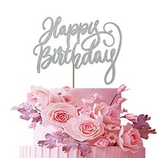 Happy Birthday Cake Topper for Birthday Party Decorations,Double Sided Silver...