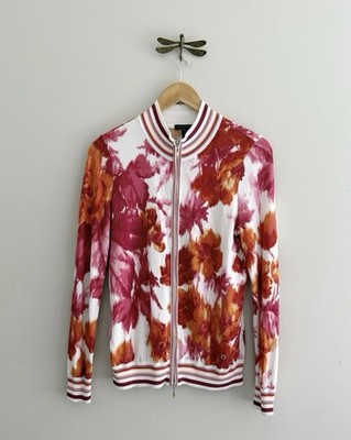 Escada Brush Stroke Floral Zip-Front Knit Bomber Jacket Red and Orange US Medium