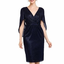 New Betsy  Adam Navy Blue Drape Back Cape Sleeves Cocktail Dress