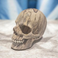 ChiselCraft Hand Carved  10cm Wooden Skull With Cow Bone Teeth Movable Jaw A