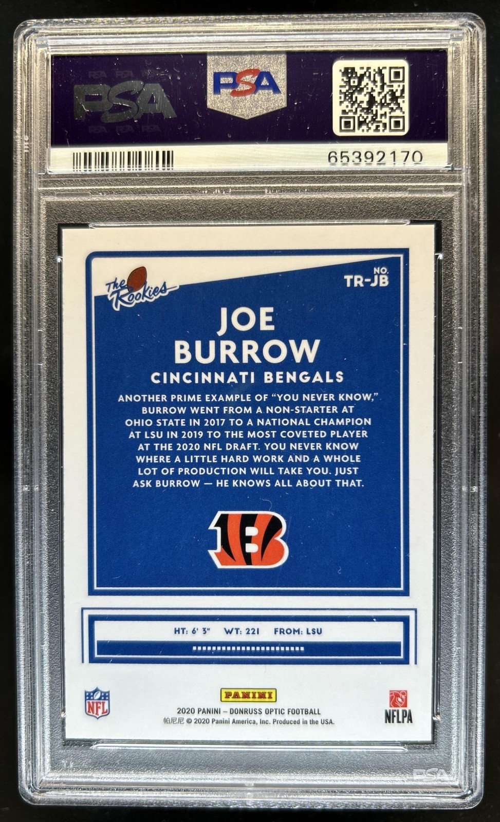 2020 Panini Donruss Optic Joe Burrow The Rookies Rookie RC #TR-JB Bengals PSA 9 view 2