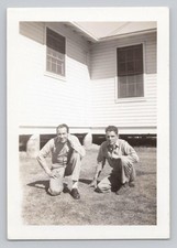 1940s WWII Snapshot Two Handsome Soldiers in Military Uniforms Vintage Photo