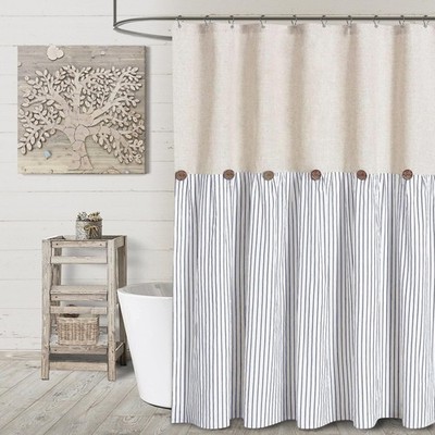Farmhouse Beige Shower Curtain 72x72 Linen Cotton Blend with Button Detail