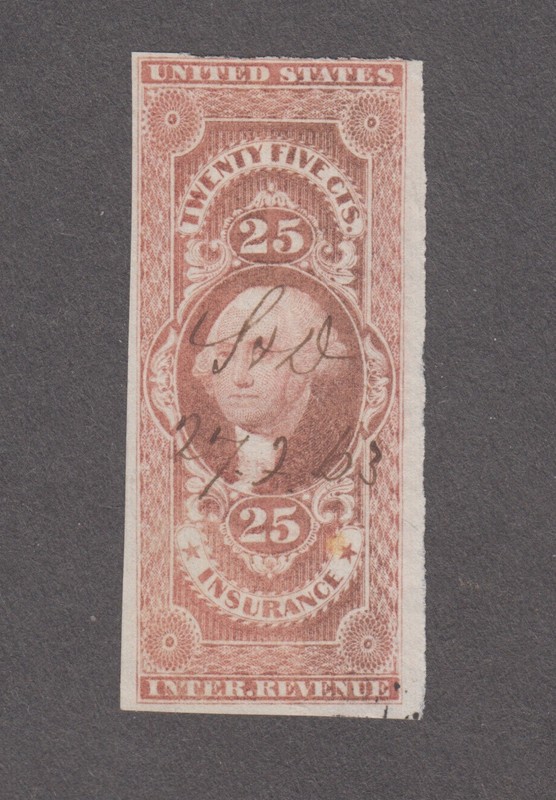 United States Revenue 1862-71. 25c. Washington. INSURANCE. Sc# R46a. Imperforate