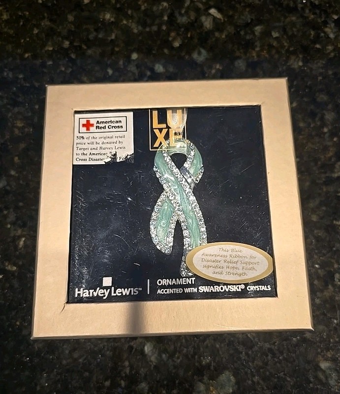 Swarovski Crystal Harvey Lewis Blue Enamel Ribbon Ornament American Red Cross