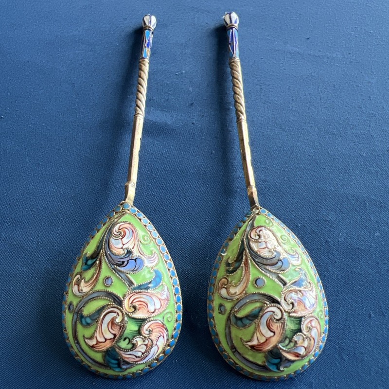 2 Antique Russian Silver 84 Cloisonné Spoons~Rare Green Enamel Color/Gold Wash